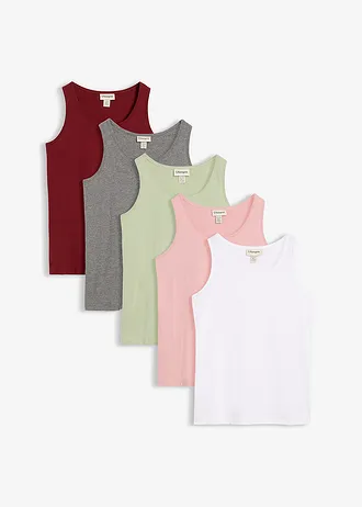 Katoenen longtop (set van 5) • bleekgroen+robijnrood+grijs gemêleerd+asroze+wit • bonprix online shop
