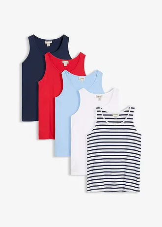 Katoenen longtop (set van 5) • wit/donkerblauw gestreept+lavarood+lichtblauw • bonprix online shop