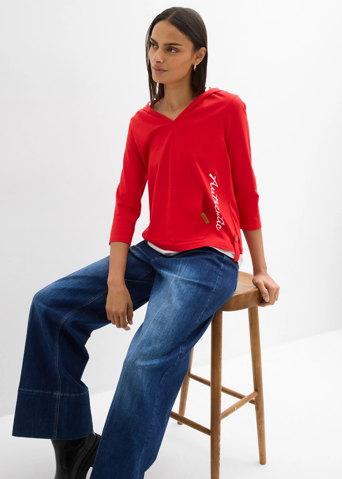 Hoodie van katoen met 3/4 mouw • aardbeirood • bonprix online shop