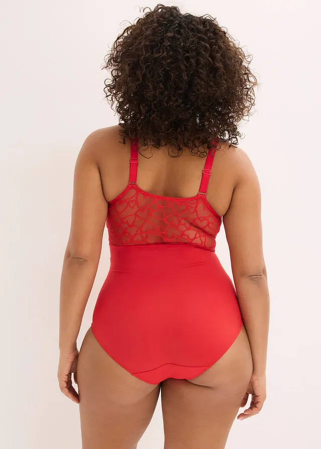Body met kant in hartjesvorm, medium corrigerend, Kleur: salsarood