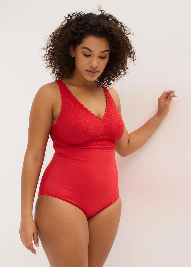 Body met kant in hartjesvorm, medium corrigerend, Kleur: salsarood