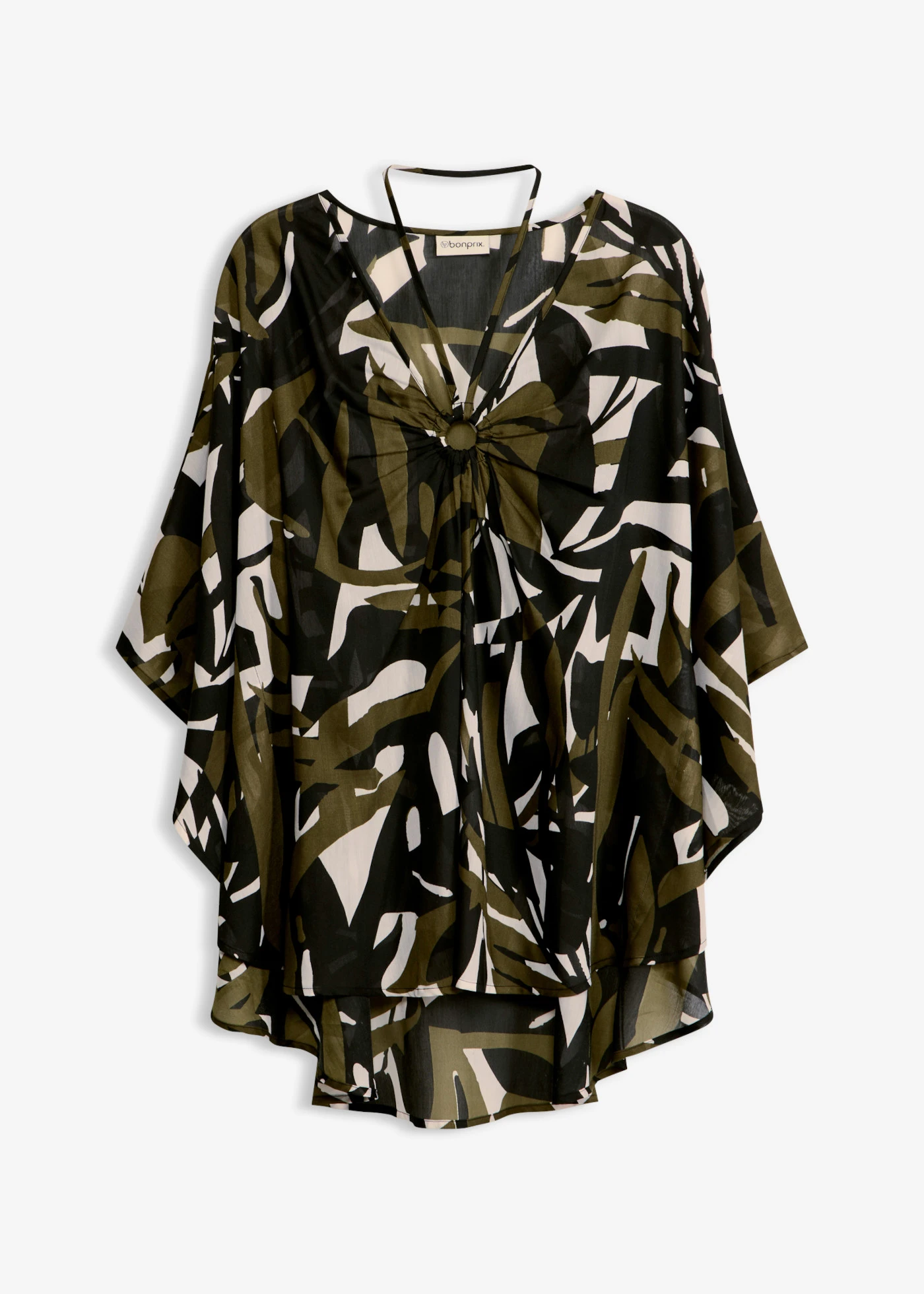 Transparentná plážová tunika • čierna-tmavá khaki grafická • obchod bonprix