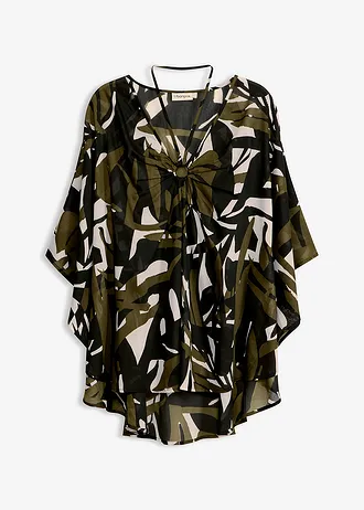 Transparante strandtuniek, Kleur: zwart-donkerkaki met print