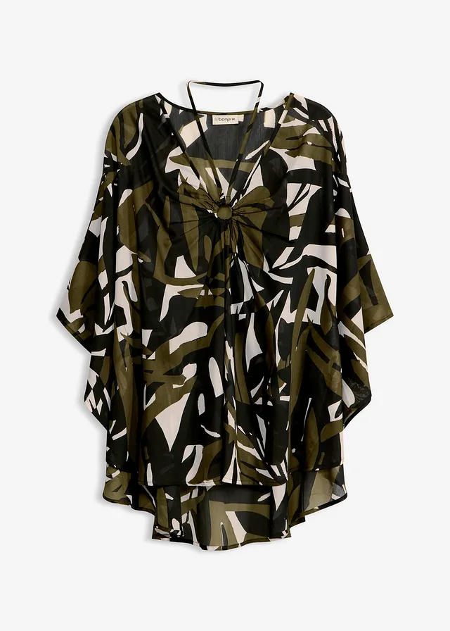Průhledná plážová tunika • černo-tmavě khaki s grafickým potiskem • bonprix obchod