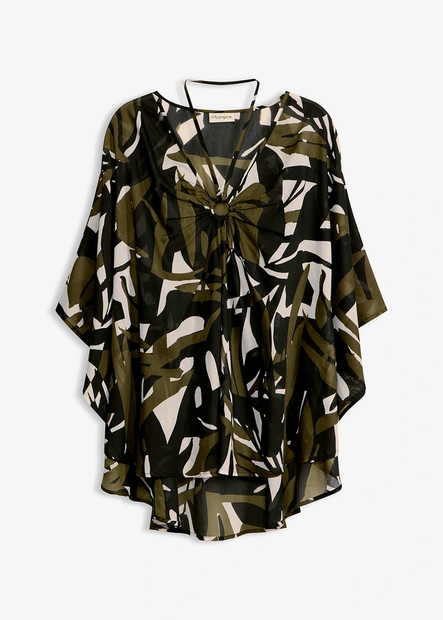Transparentná plážová tunika • čierna-tmavá khaki grafická • obchod bonprix
