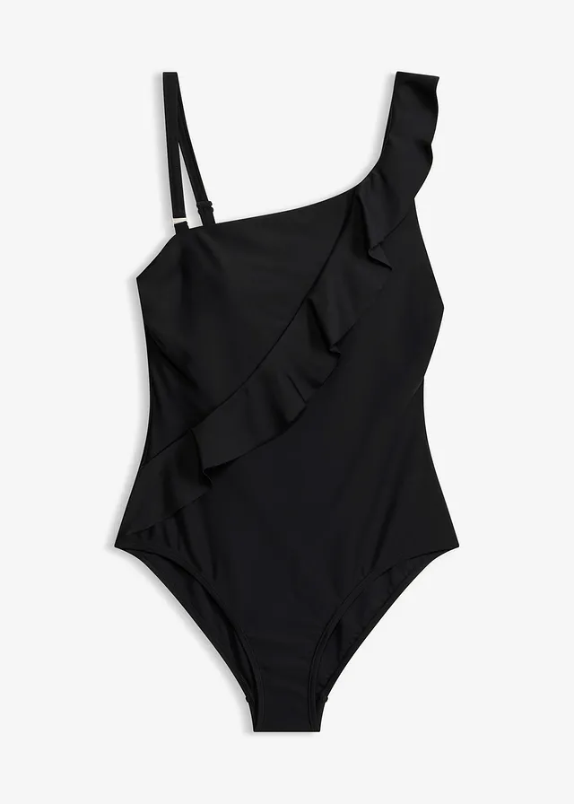 One-shoulder badpak met volant • zwart • bonprix online shop