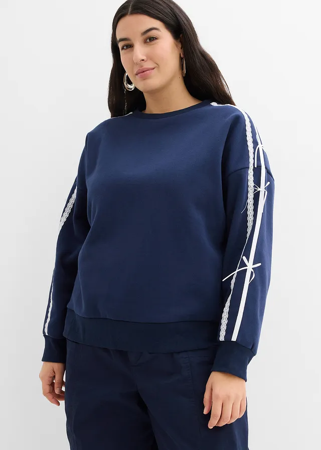 Sweat oversize et doux, Couleur: bleu foncé-écru divers