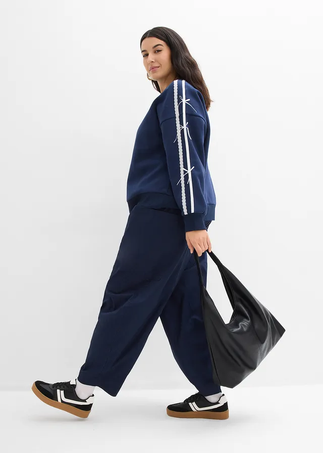 Sweat oversize et doux, Couleur: bleu foncé-écru divers
