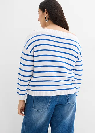 Wijde one shoulder trui, Kleur: wit-blauw horizontaal gestreept