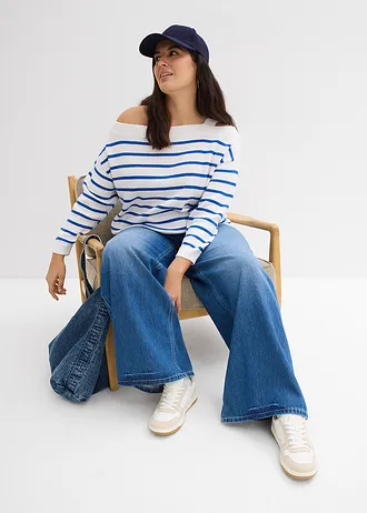 Wijde one shoulder trui, Kleur: wit-blauw horizontaal gestreept