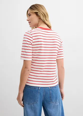 T-shirt van zwaar biologisch katoen, Kleur: wolwit/aardbeirood gestreept