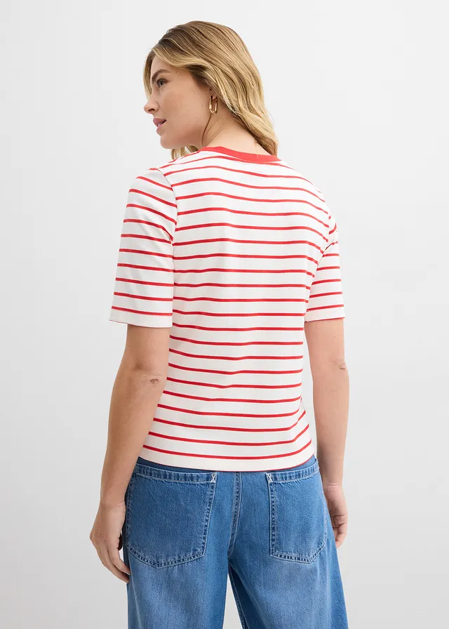 T-shirt van zwaar biologisch katoen • wolwit-aardbeirood gestreept • product-page.page-title-suffix