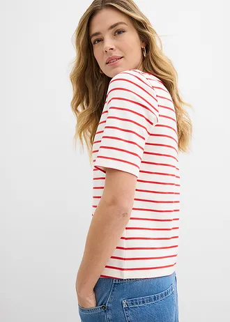 Tricou din bumbac organic 100% greu • ecru/roşu-căpşună dungat • magazin bonprix