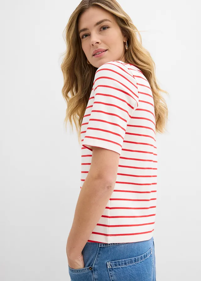 T-shirt van zwaar biologisch katoen • wolwit-aardbeirood gestreept • product-page.page-title-suffix