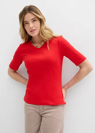 Geribd shirt (set van 2), Kleur: wolwit-aardbeirood