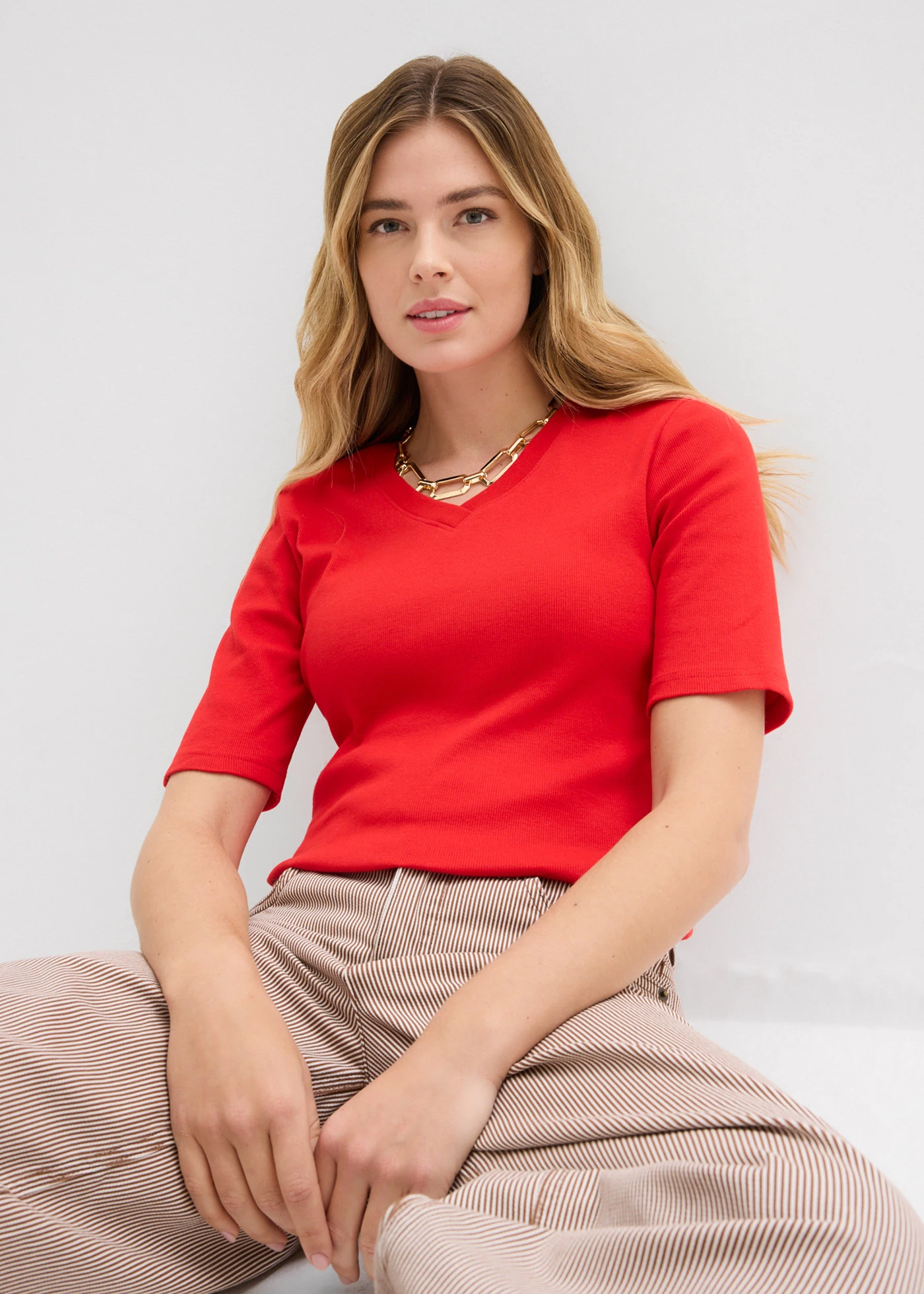 Bluză ripsată (set 2 buc.) • ecru-roşu-căpşună • magazin bonprix