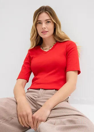 Lot de 2 T-shirts côtelés • blanc cassé-fraise • Boutique bonprix