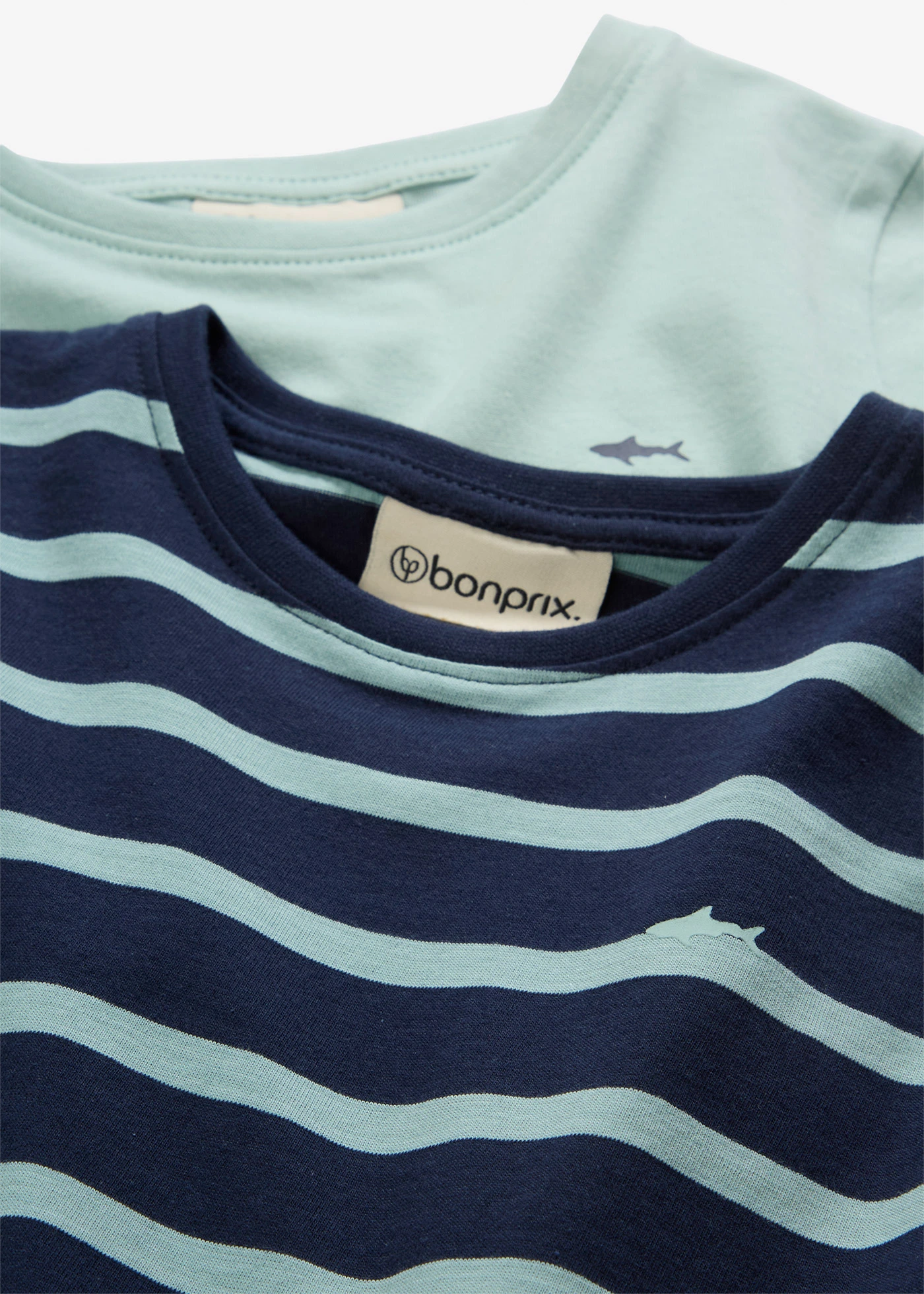 Lot de 2 T-shirts manches longues 100% coton • vert opaline + bleu foncé/vert opaline rayé • Boutique bonprix