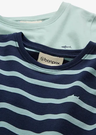 Lot de 2 T-shirts manches longues 100% coton • vert opaline + bleu foncé/vert opaline rayé • Boutique bonprix
