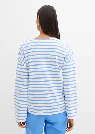 Gestreepte longsleeve van biologisch katoen, Kleur: middenblauw-wolwit horizontaal gestreept