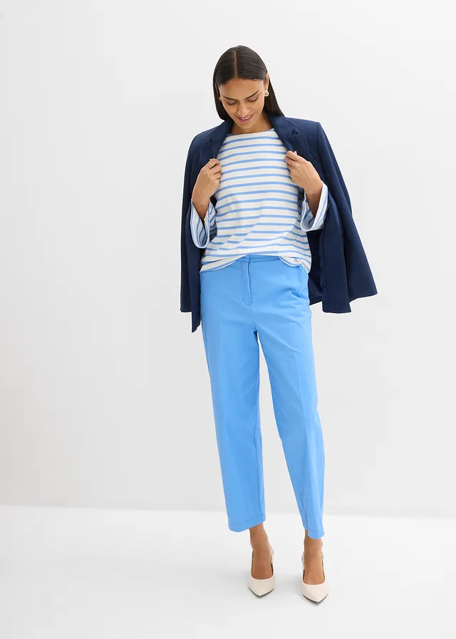 T-shirt manches longues rayé en coton bleu moyen/écru rayé