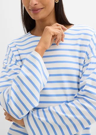 T-shirt z długim rękawem, z bawełny organicznej • niebieski-biel wełny w poziome pasy • sklep bonprix