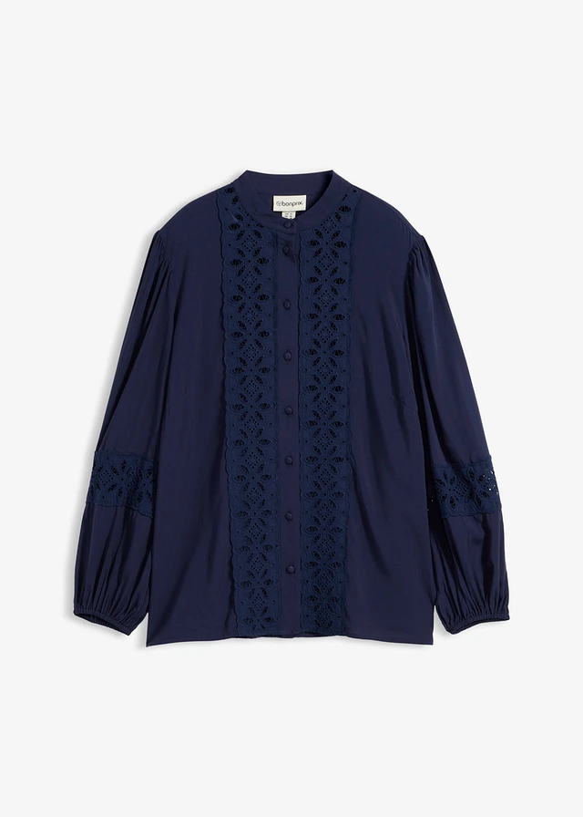 Blouse met kant van een soepele viscosemix, Kleur: donkerblauw