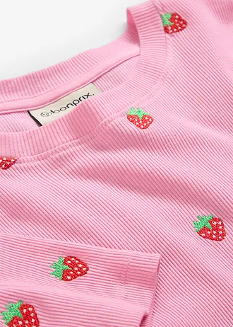 Geribd shirt met borduursel van puur biologisch katoen • roze • bonprix online shop