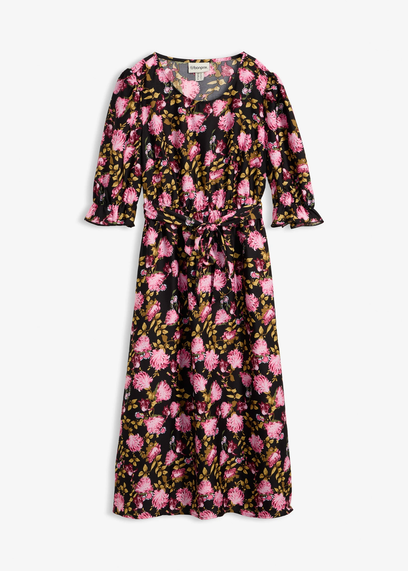 Robe midi à manches bouffantes • noir-rose cristal-rose mat floral • Boutique bonprix