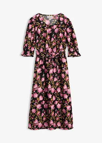 Robe midi à manches bouffantes • noir-rose cristal-rose mat floral • Boutique bonprix