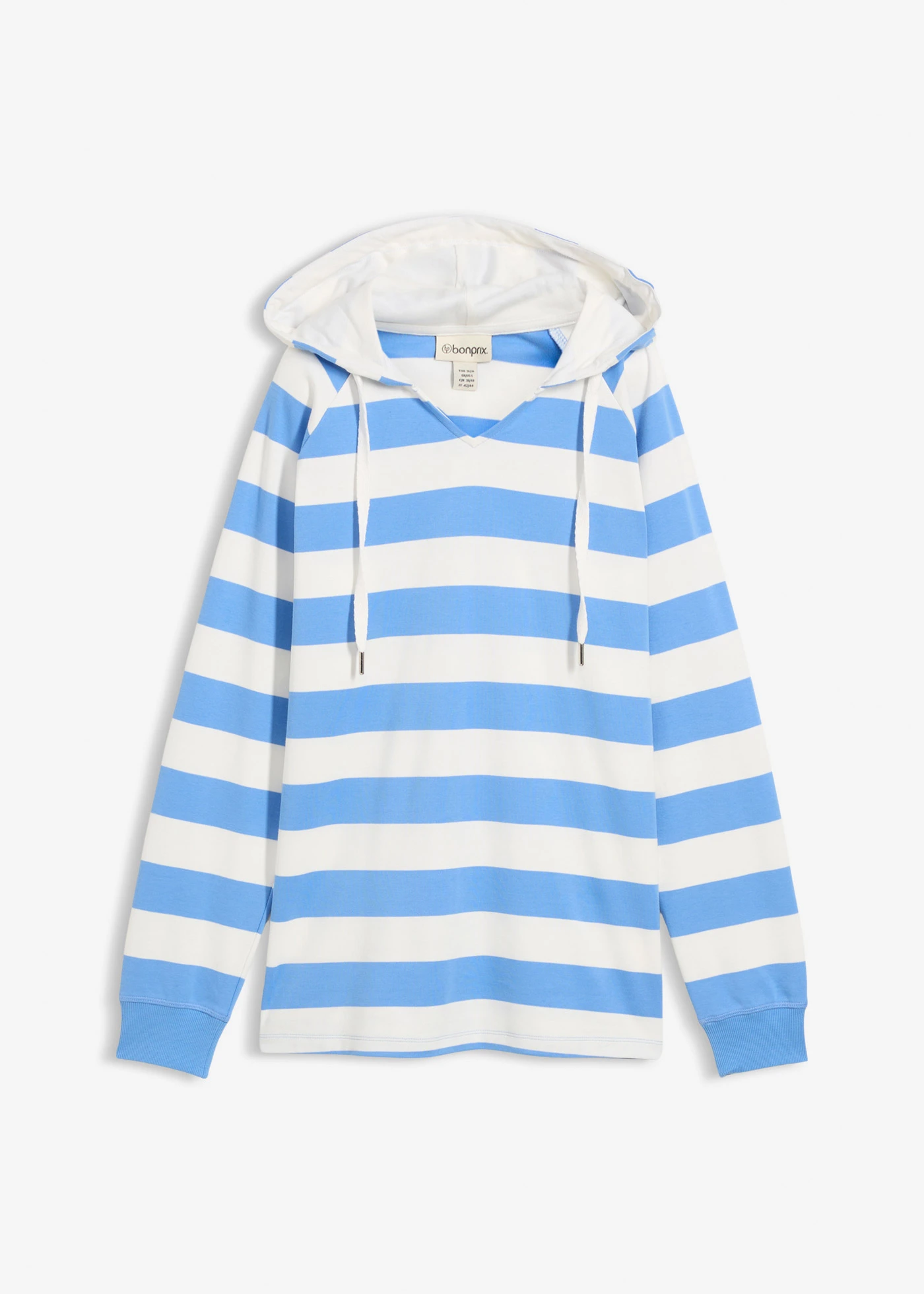 T-shirt manches longues à capuche 100% coton • bleu moyen-écru rayé • Boutique bonprix