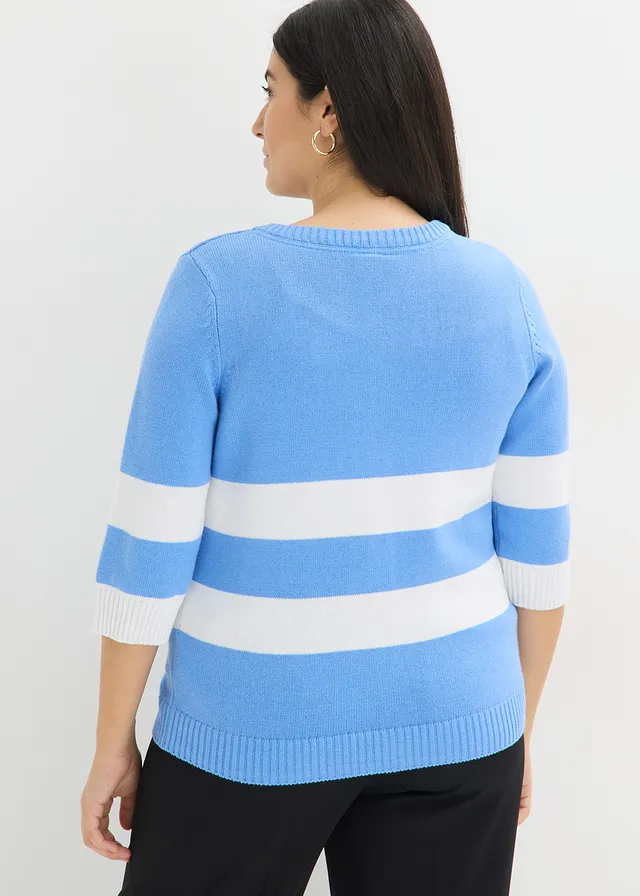 Gebreid vest van katoen, Kleur: middenblauw-wit gestreept