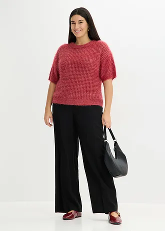 Svetr ze silnější pleteniny, z peříčkové příze, barva: třešňově červeno-světle pískový melír