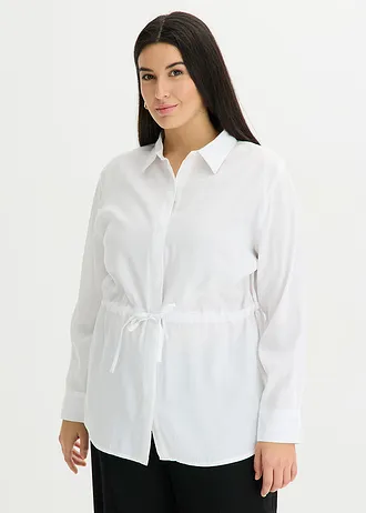 Popeline blouse met ingelegde plooien, Kleur: wit