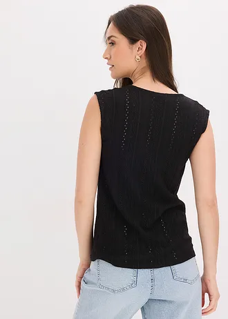 Top met broderie anglaise, Kleur: zwart