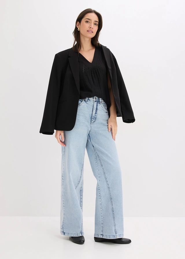 Top met broderie anglaise, Kleur: zwart