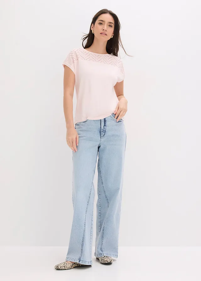 T-shirt en dentelle, en viscose douce, Couleur: rose clair