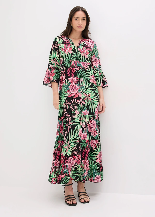 Robe longue en viscose fluide, Couleur: noir/vert floral