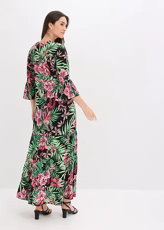 Maxi jurk van soepele viscose, Kleur: zwart-groen gebloemd