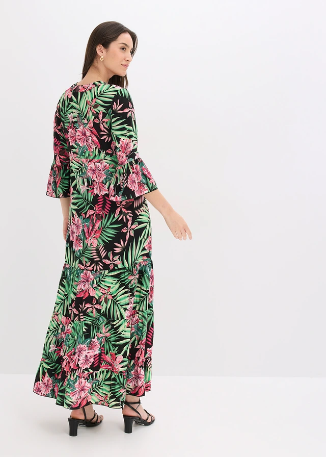 Rochie maxi din viscoză fluidă • negru-verde floral • magazin bonprix