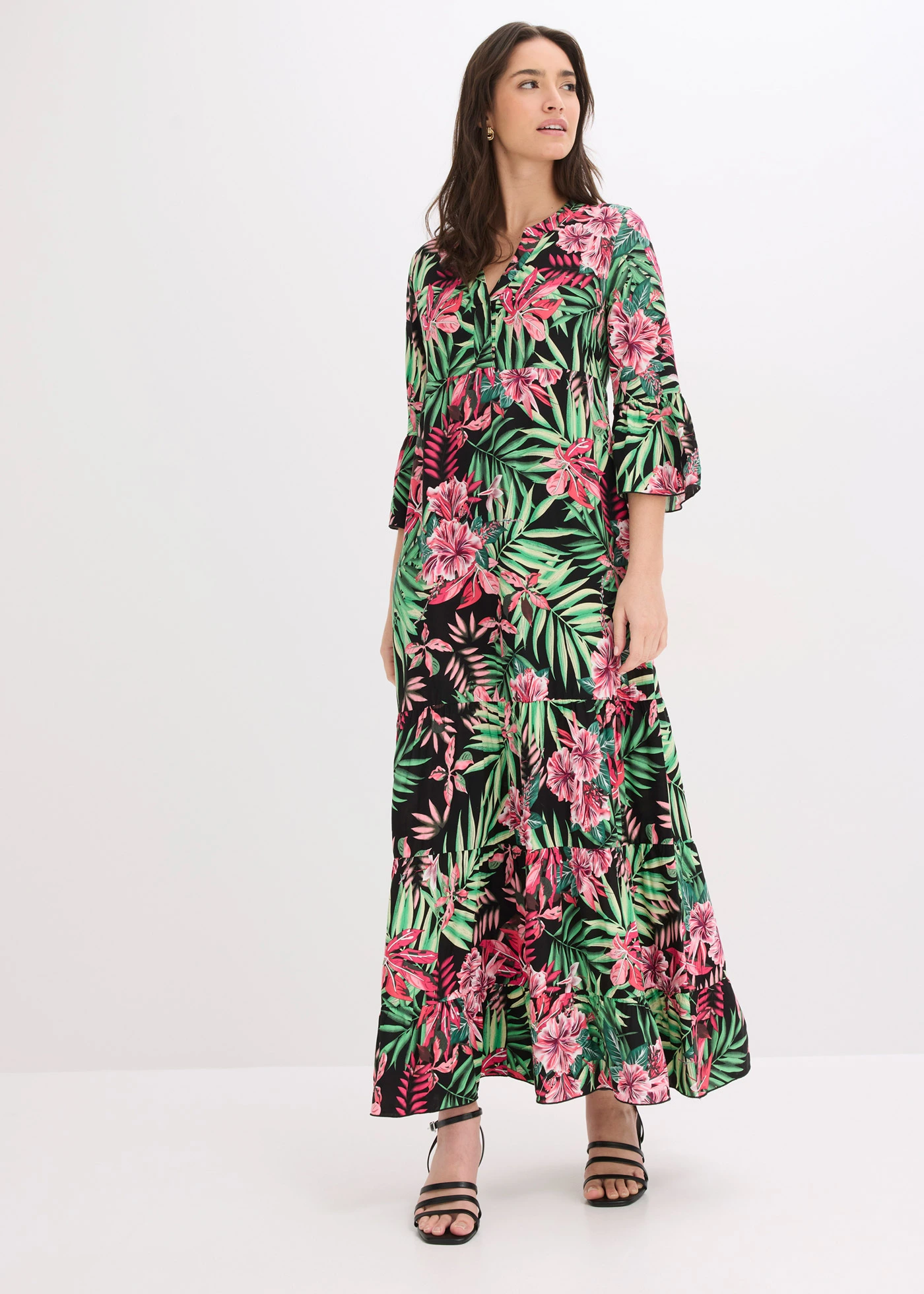 Maxi jurk van soepele viscose • zwart-groen gebloemd • bonprix online shop