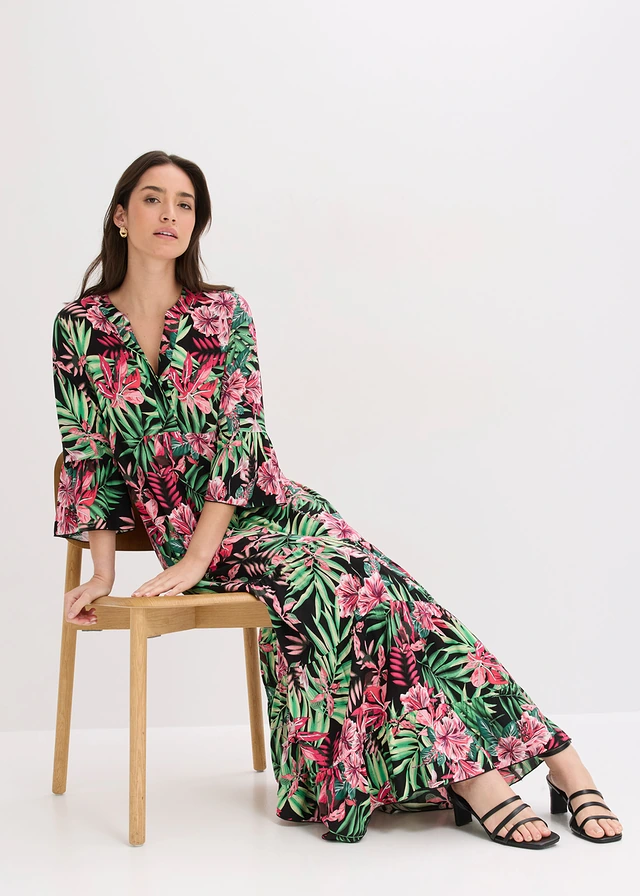 Rochie maxi din viscoză fluidă • negru-verde floral • magazin bonprix