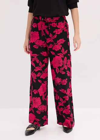 Pantalon palazzo en viscose fluide • noir/rose magenta floral • Boutique bonprix