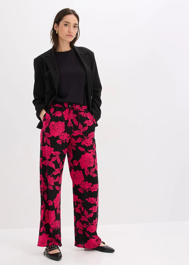 Palazzo broek van soepele viscose, Kleur: zwart/magentapink  gebloemd