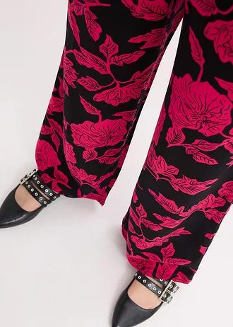 Palazzo nadrág puha viszkózból • fekete-bíborpink virágmintás • bonprix áruház