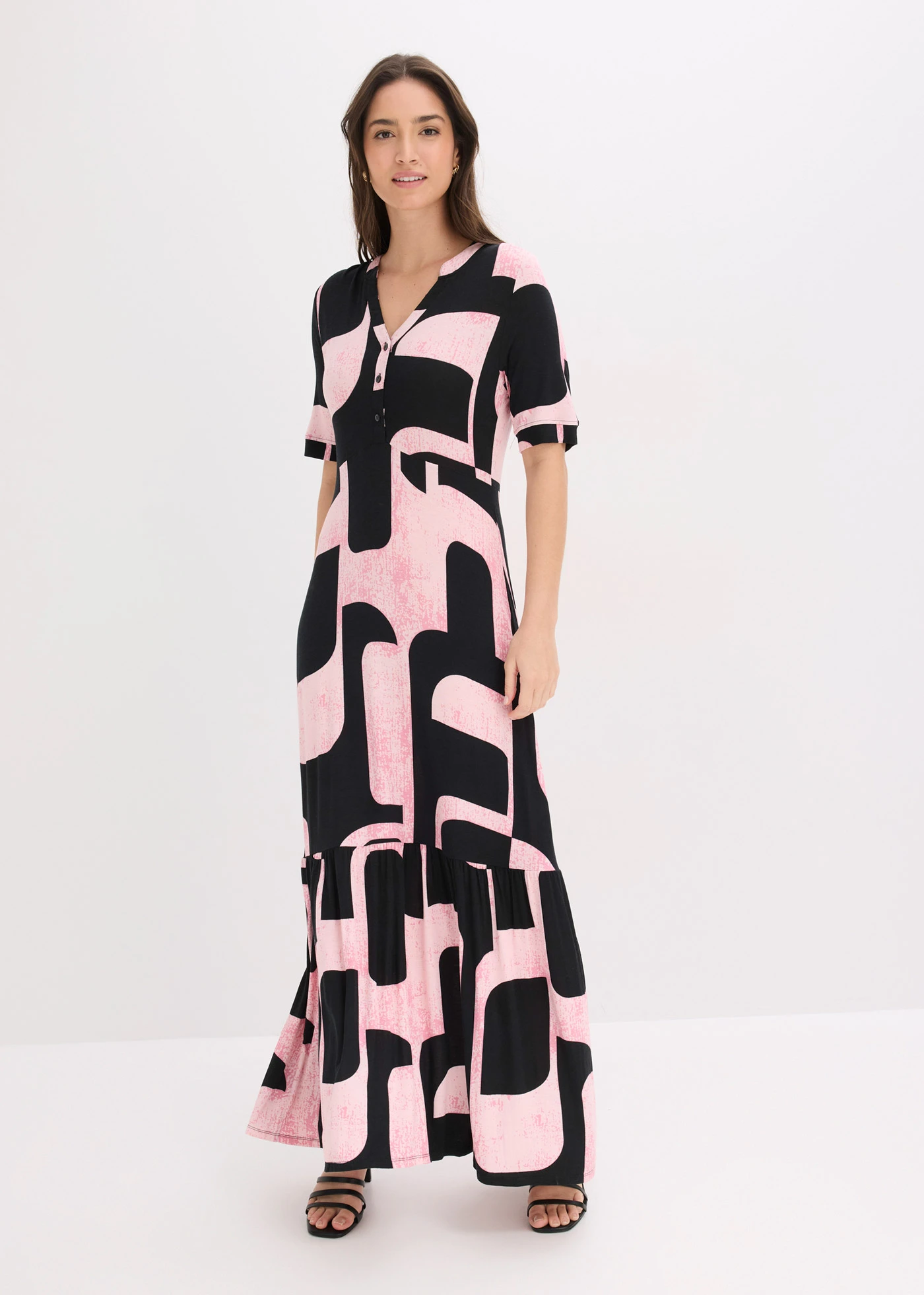 Maxi jurk in een zachte viscosemix • zwart-pink grafische print • bonprix online shop