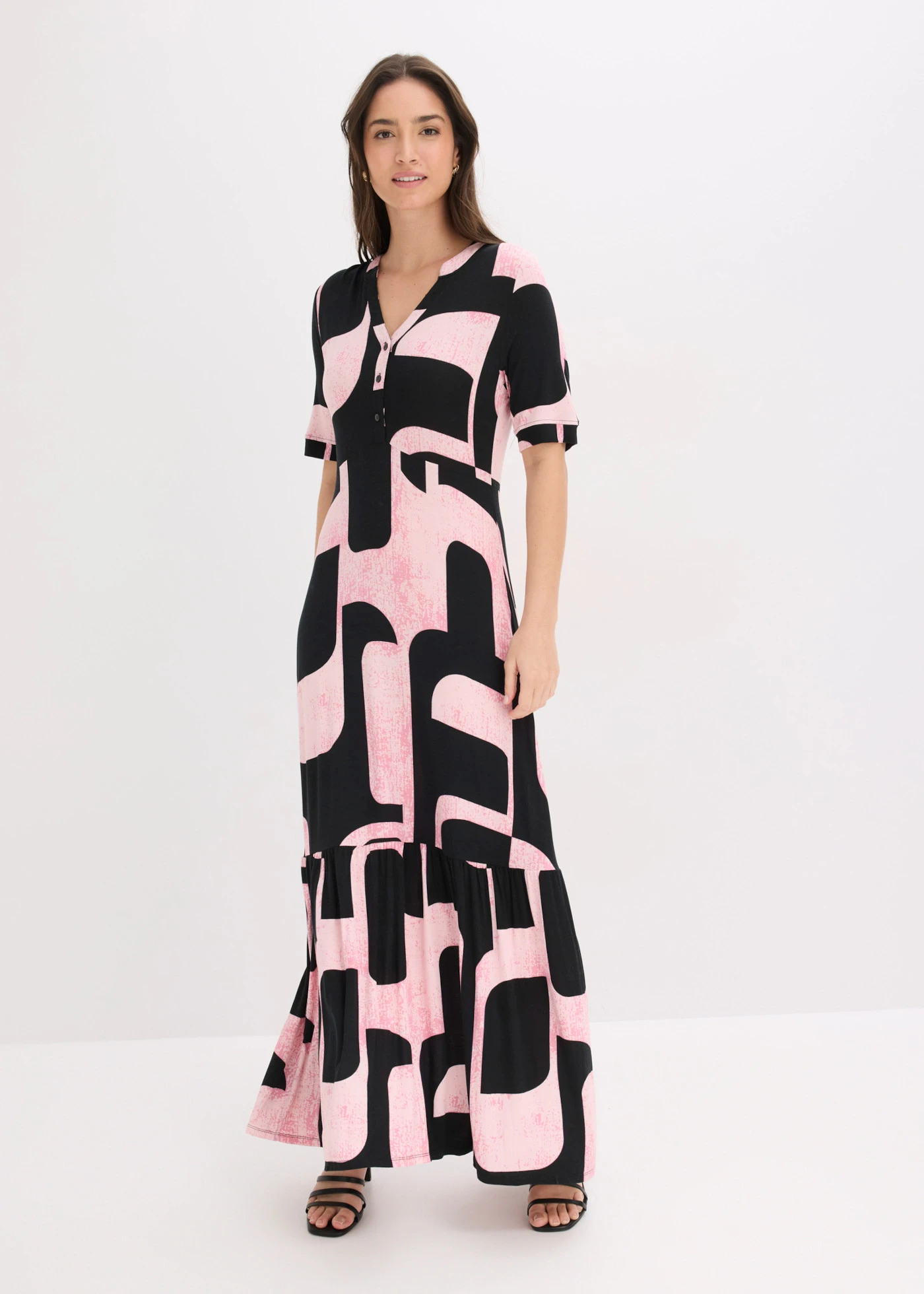 Robe longue en viscose extensible douce • noir/rose vif graphique • Boutique bonprix