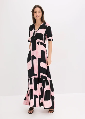 Robe longue en viscose extensible douce • noir/rose vif graphique • Boutique bonprix