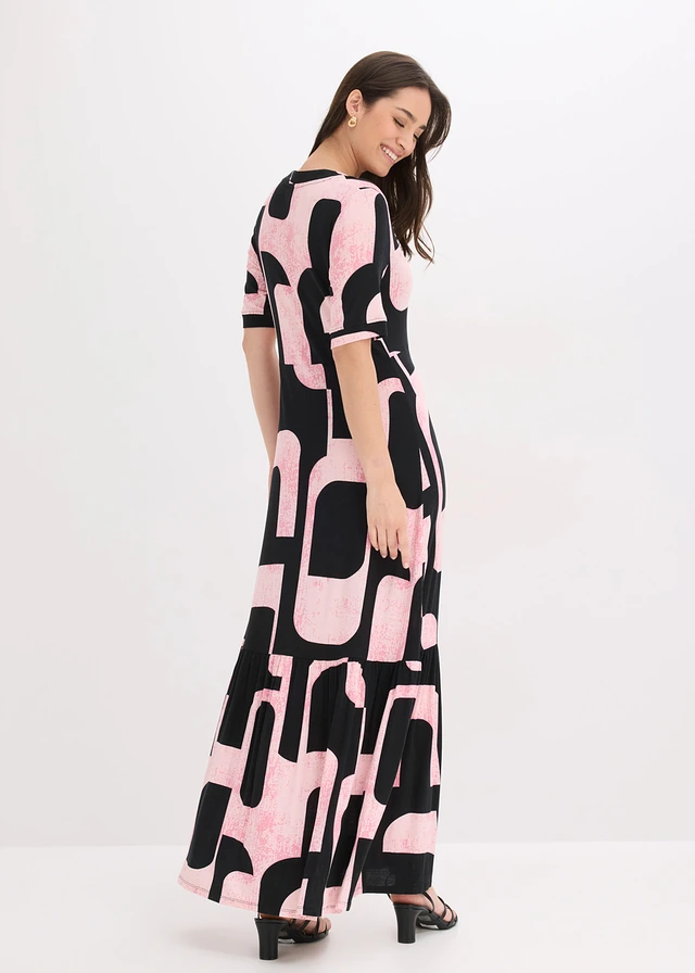 Robe longue en viscose extensible douce, Couleur: noir/rose vif graphique
