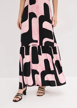 Robe longue en viscose extensible douce • noir/rose vif graphique • Boutique bonprix